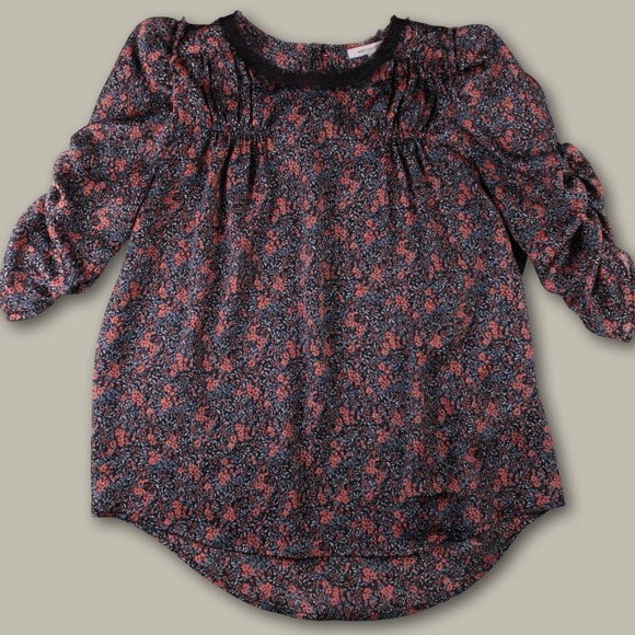 Avec Les Filles Tops - Avec Les Filles Floral Lace Trim Ruched Sleeve Blouse M Navy Coral Boho Chic Top